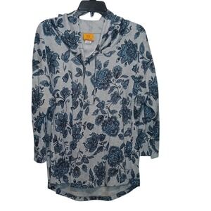 Ruby Rd Womens Blue Floral Knit Hoodie Pullover Grey Long Sleeve Top Size Large
